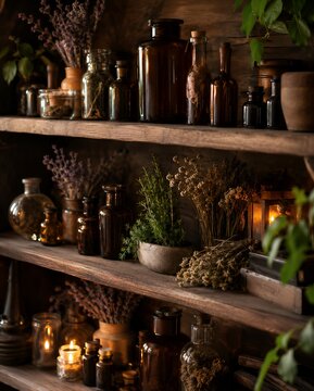 Apothecary shelves with amber glass bottles filled with dried herbs and essential oils.