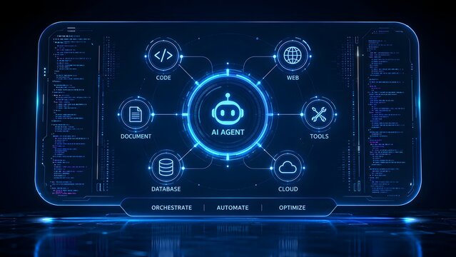 Holographic digital AI Agent screen interface orchestrating automating and optimizing code web tools cloud database and documents