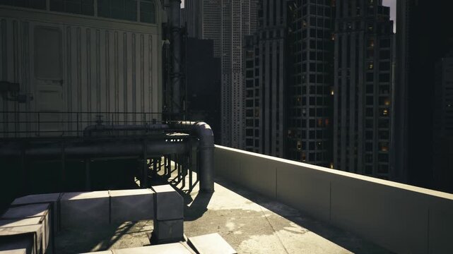 Sunlit rooftop ventilation units and skyline, quiet industrial terrace with concrete pads, metal ducts, low railing and warm lateafternoon light casting long
