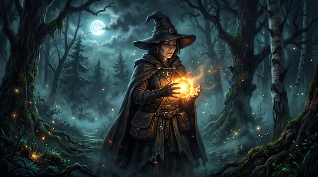 A mysterious witch holding a glowing magical orb in a dark enchanted forest during a spooky night perfect for a creative and atmospheric halloween celebration