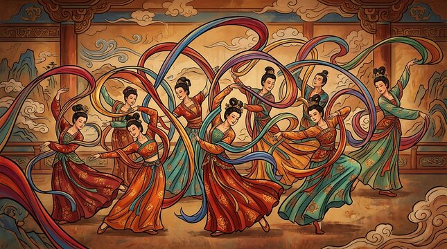 Elegant dancers performing traditional ribbon dance in palace