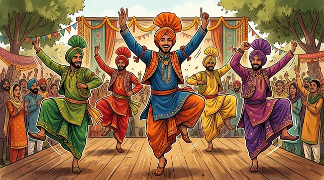 Punjabi men performing traditional bhangra dance at a festive event