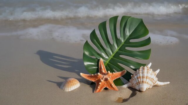 Beach scene with monstera leaf and starfish 4K Generative AI