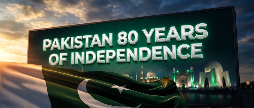 Pakistan 80 Years of Independence Billboard with Pakistan Flag and City Landmarks