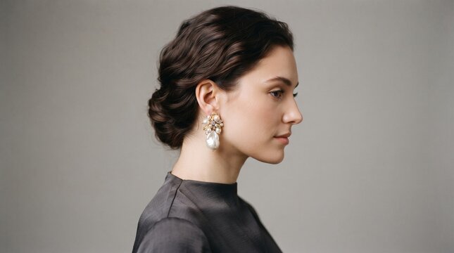 Elegant Woman Wearing Pearl Statement Earrings in Profile