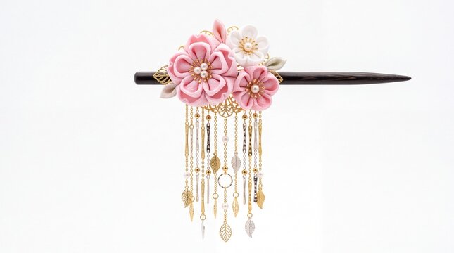 Elegant Japanese kanzashi hair accessory featuring fabric flowers and delicate gold tassels displayed on white background