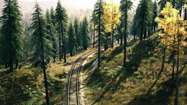 Sunlit forest railway winding through pines, warm autumn glow, wooden sleepers curving over mossy slope, dappled light, tranquil atmosphere ideal for slow
