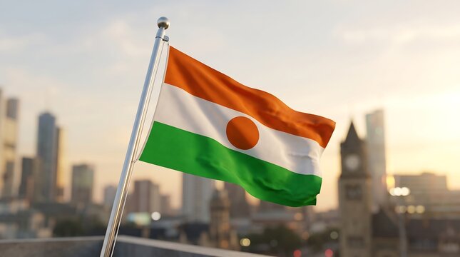 Nigerien national flag waving on silver flagpole against blurred city skyline during golden hour sunset light