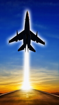 A jet airplane ascending into the sky during sunset with vapor trail.
