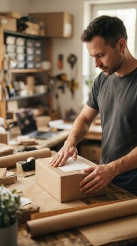 Artisan meticulously prepares a cardboard parcel in a rustic workshop