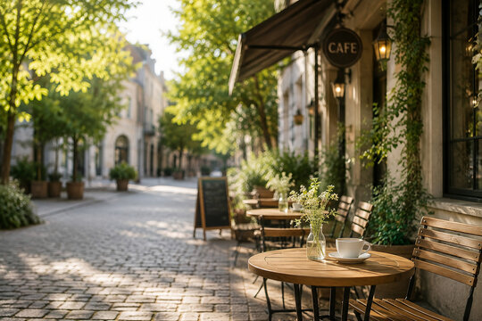 Charming outdoor cafe on a quiet European style street in warm morning sunlight