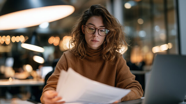 Young woman reviewing a final draft document on her laptop at a bright office desk, medium shot, warm natural light, modern office bokeh background, realistic candid photography