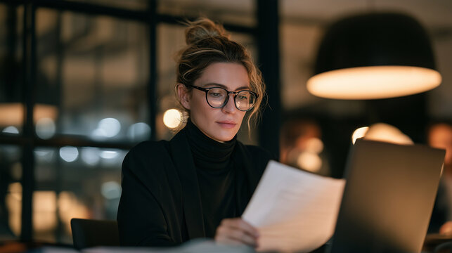 Young woman reviewing a report on her laptop at a modern office desk, waist-up shot, focused expression, glass office wall blurred behind, warm natural light, realistic candid phot
