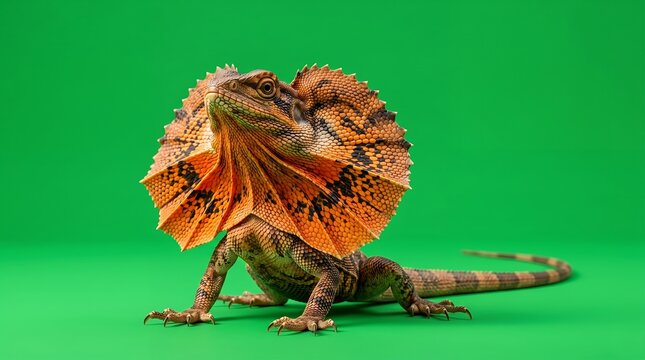 Frilled-neck lizard with expanded frill isolated on a solid green background.