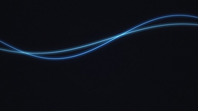 Two glowing blue light trails forming smooth, parallel wavy lines against a solid black background, minimalist abstract digital with subtle grain texture