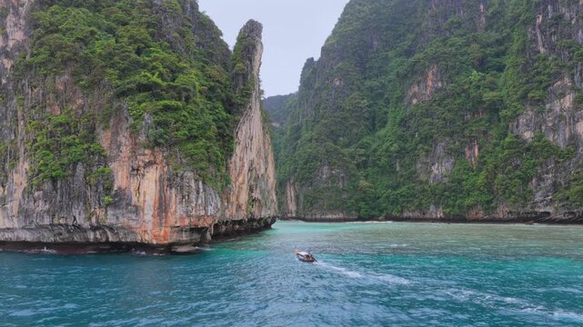 Aerial shot of boat in phi phi island in thailand