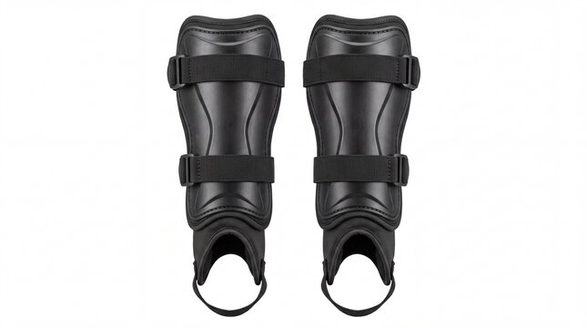 Black soccer shin guards for sports protection isolated against a clean simple studio on white background