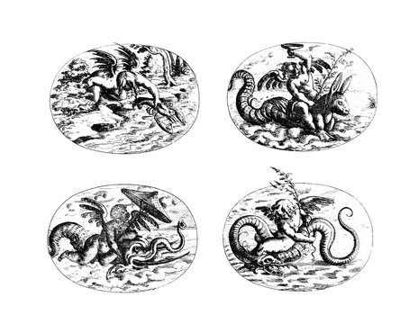 Vintage illustration with Putti with Sea Monsters. Sea monsters png set with transparent background.