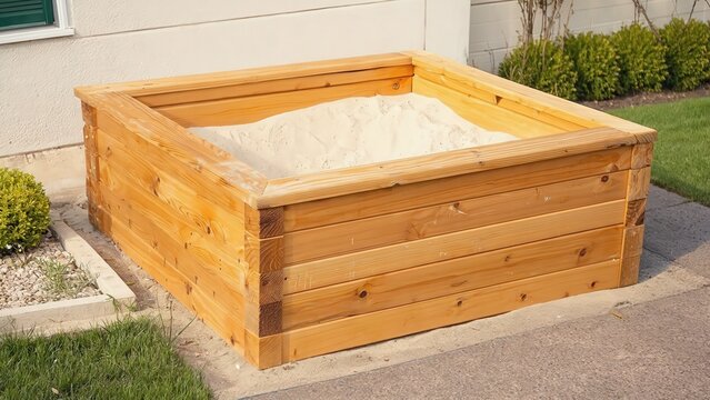 Wooden sandbox filled with sand outdoors