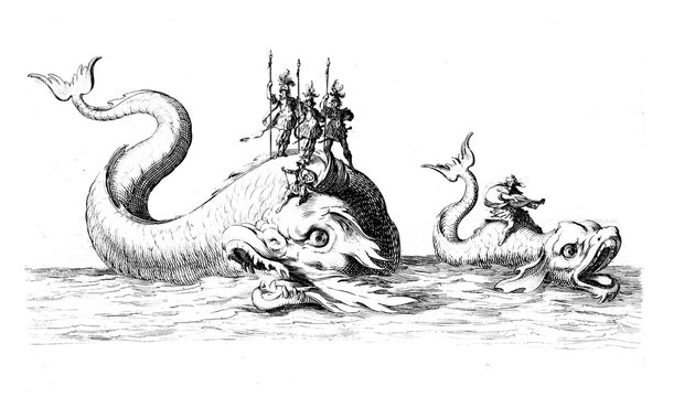 Vintage illustration of Sea Monsters, Fantasy animals.  Sea monsters png set with transparent background.
