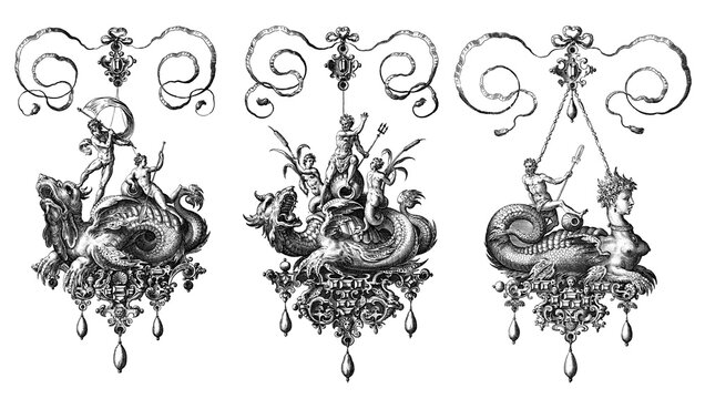 Vintage illustration of Sea Monsters decoration, Fantasy animals.  Sea monsters png set with transparent background.