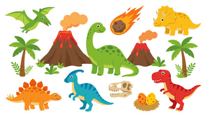 Prehistoric Landscape Vector Element Set with Cartoon Dinosaurs Erupting Volcanoes Meteorite Palm Trees Fossil Skull and Eggs for Children Education Poster Graphic Designs © Saidi