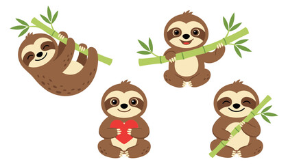 Obraz premium Cute Sloth Character Vector Set in Poses Holding Green Bamboo Stalks and Red Heart Symbol for Valentines Day and Tropical Jungle Wildlife Graphic Designs