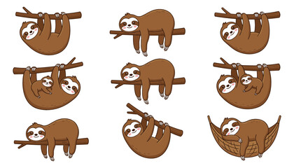 Obraz premium Cute Sloth Character Set in Various Poses Including Hanging on Tree Branches Sleeping and Relaxing in Hammock for Tropical Wildlife Children Graphic Designs