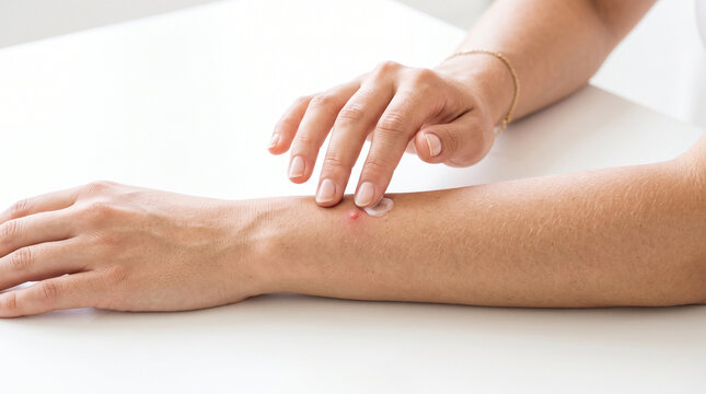 Applying soothing cream on arm after mosquito bite for itch relief and skin car
