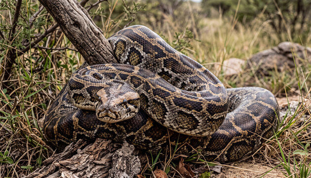 African rock python wildlife photography of large snake coiled on savanna ground for African wildlife banner, herpetology educational poster, and wild reptile magazine editorial.