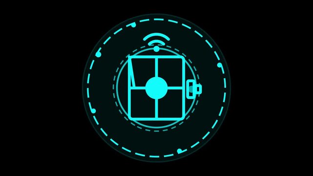 Futuristic neon cyan smart lock interface icon on black background, digital cybersecurity system and technology hud design concept