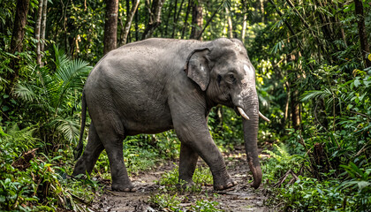 Fototapeta premium Asian elephant wildlife photography of tusked mammal walking on forest trail for nature conservation banner, zoology educational poster, and ecotourism travel editorial.