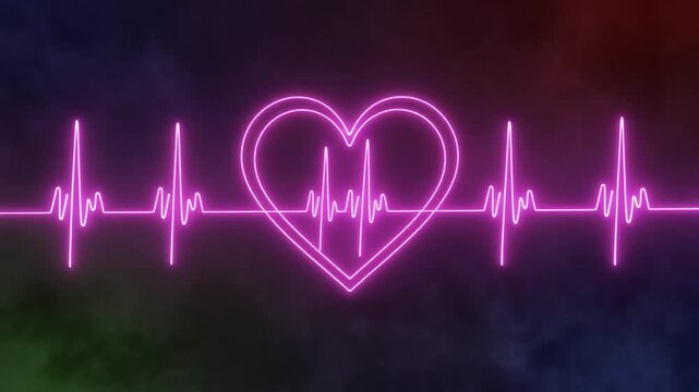 A neon pink EKG line pulses into heart shape, glowing against dark gradient, symbolizing vitality, love, and luminous energy of life&rsquo;s rhythm.