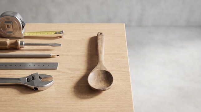 An unexpected everyday object placed among conventional tools as a metaphor for unconventional problem solving and creative innovation