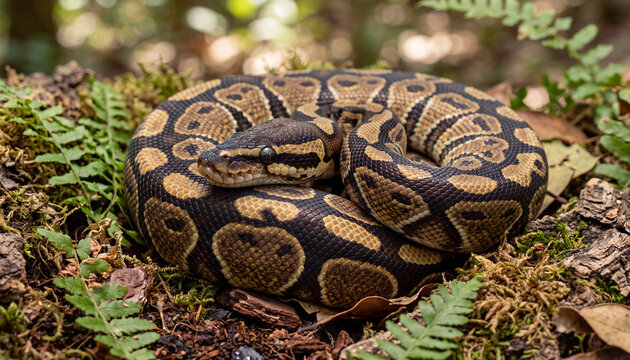 Ball python snake wildlife photography of coiled royal python on mossy forest floor for exotic pet care advertising, herpetology website banner, and reptile habitat editorial.
