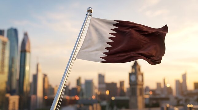 Qatar national flag waving on flagpole with blurred urban skyline background at golden sunset horizon