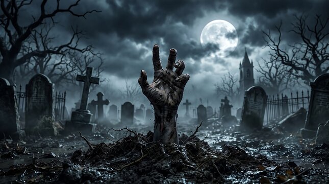 A terrifying zombie hand rising from a grave in a dark spooky cemetery under a full moon during a dark and mysterious night for halloween