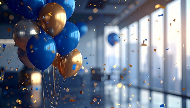 Corporate anniversary event, featuring elegant blue and gold balloon decorations, confetti creating a festive atmosphere, digital render for corporate marketing happy