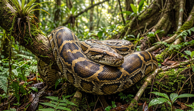 Burmese python wildlife photography of large snake coiled on tree branch for tropical nature banner, herpetology educational poster, and wild reptile magazine editorial.