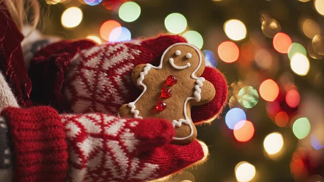Mittens holding a gingerbread man cookie with bokeh lights