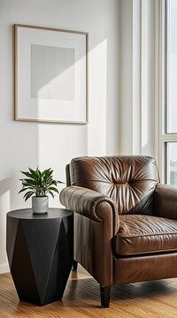 Cozy living room corner with comfortable brown leather armchair, modern black geometric side table, green plant, and blank picture frame on wall