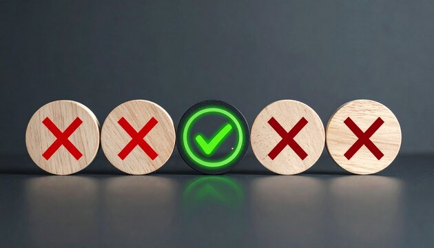 Right Choice Concept Glowing Green Checkmark Circle Among Red Cross Wooden Blocks for Decision Making