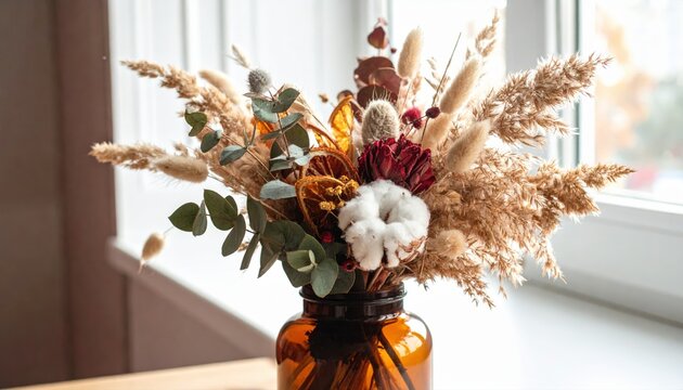 Bouquet of Dried Wildflowers and Pampas Grass Standing in Glass Bottle on Window Sill
