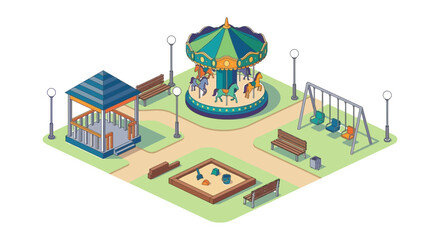 Isometric vector illustration depicts a colorful playground with a carousel park merry go round swing set sandbox pavilion gazebo © mdashraful