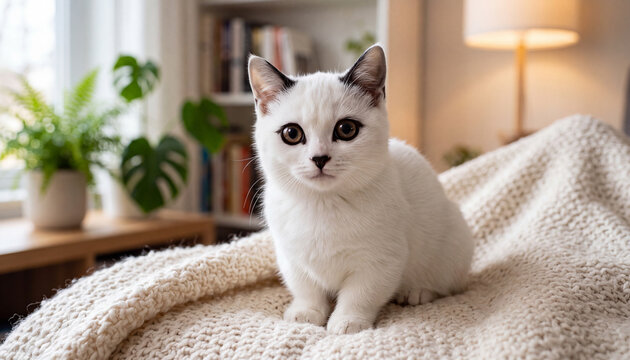 White kitten indoor photography of cute munchkin cat sitting on knit blanket for pet care website header, veterinary clinic advertisement, and cozy home interior editorial.