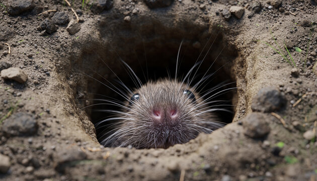 A small animal peeking out from a hole in the ground.