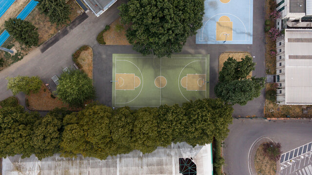 Empty basketball court viewed from above
