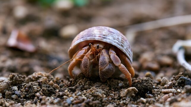 A hermit crab emerges cautiously from its shell on a textured ground of soil and pebbles under natural light