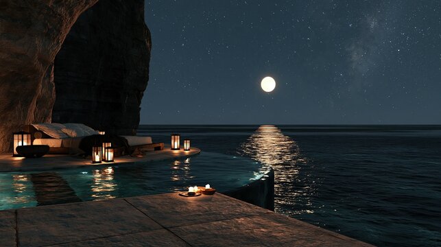 Romantic luxury infinity pool built into rocky cave side next to open ocean under full moon and starry night sky with glowing lanterns creates dreamy private vacation retreat