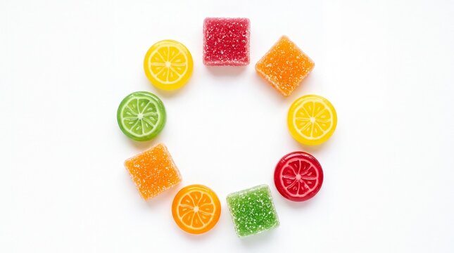 Colorful fruit flavored gummy candies arranged in a circle creating vibrant patterns on white background